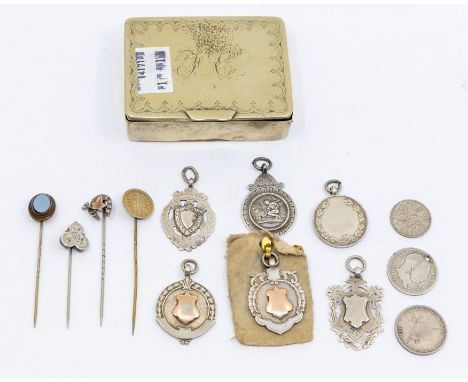 A white metal box with collection of silver fob medallions to include&nbsp;one for Horticulture 1938, along with shield shape