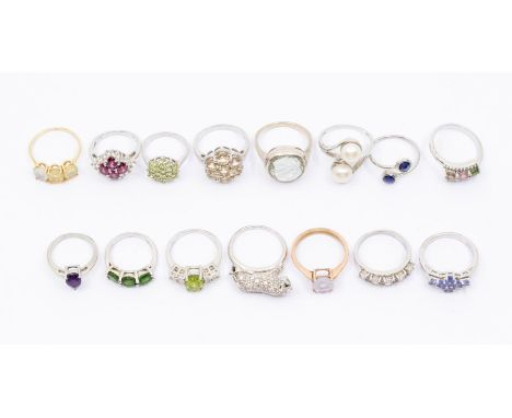 A collection of Gemporia  gem set rings to include a 9ct yellow gold three stone faceted opal ring, size R1/2, total gross we