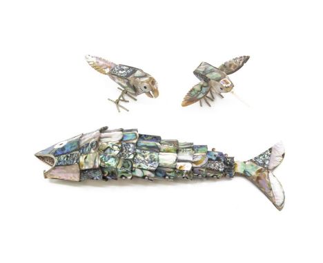 A collection of modern figures mother of pearl fish, parrot and bird&nbsp;