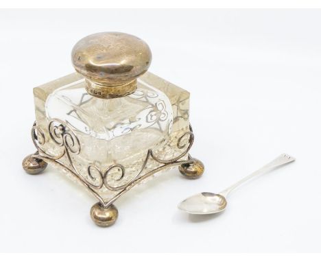 An Edwardian large silver topped hobnail glass inkwell, with ornate silver wirework frame with four bun feet, Birmingham 1900