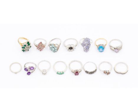 A collection of Gemporia silver and gem set rings to include a three stone Zambian emerald ring with certificate, a ruby and 