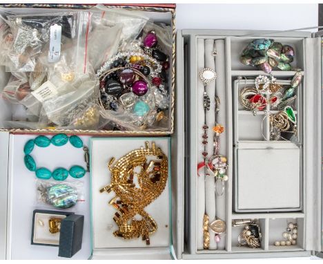 A collection of costume jewellery to include silver and gem set earrings, rings, including some set with fluorite, quartz, ga