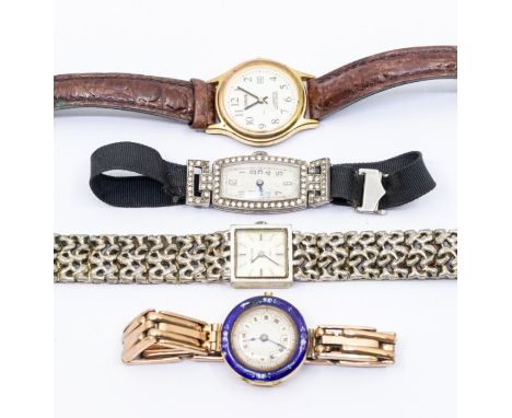 A collection of four ladies dress watches to include an Art Deco cocktail watch, elongated cushion shaped silvered dial, Arab