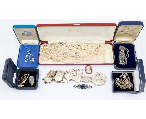 A collection of costume jewellery including a Rene Mackintosh style silver bracelet, silver brooch and chain, white metal&nbs