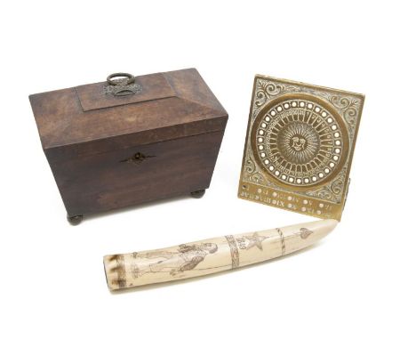 A Regency sarcophagus tea caddy; together with a resin 'scrimshaw'; and a brass desk calendar (3)