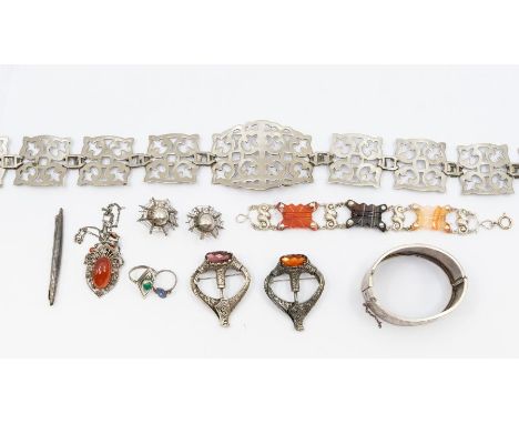 A white metal and hardstone bracelet, assessed as silver, approx 18.3gms; a white metal hinged bangle; a pair of white metal 