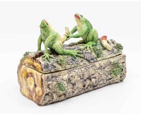 Josea Cunhan of Portugal ceramic lidded pot with two frogs trying on boots