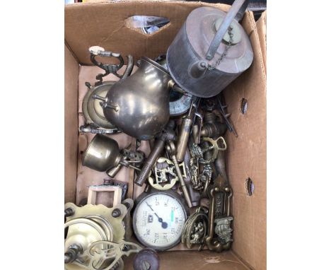 Brassware - coffee grinder, kettle on stand, blow lamps, Rosenjet, horse brasses, oak and bakelite Dictograph telephone, etc 
