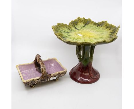 Bretby comport with leaf shaped top plus a majolica handled bowl modelled as a tree trunk