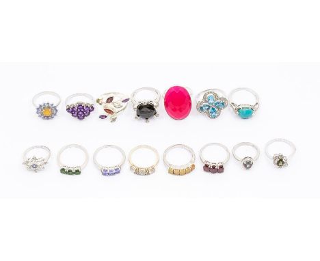 A collection of Gemporia silver and gem set rings to include a large quatrefoil cluster set with pearl cut blue topaz, amethy