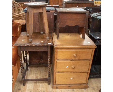 An antique pine 20th Century chest of 3 drawers along with a 1940s hall table, a reproduction oak stool and an early 20th&nbs