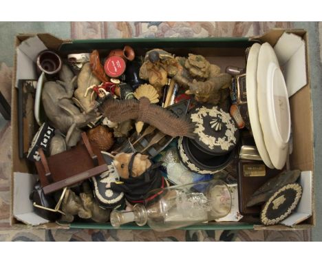A collection of mixed items including figures, ceramic, glass, ship in a bottle etc