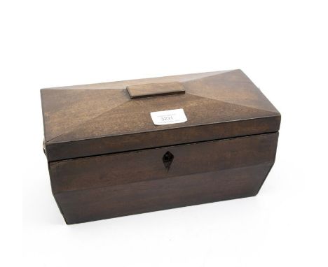 A Victorian mahogany sarcophagus tea caddy, missing pot and liners, loss to both brass handles, missing escutcheon and with h