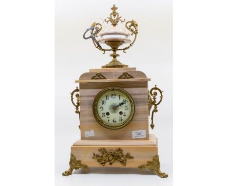 Early 20th Century French marble and spelter mantle clock with key 8 day Arabic numerals