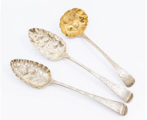 Two George III silver berry spoons, London, 1800 &amp; 1804 together with a George IV sauce ladle, similar, London, 1823, app