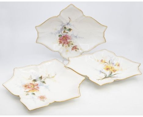 A set of three late 19th Century Century Royal Crown Derby Osmaston Road leaf shaped plates, two painted with roses, one with