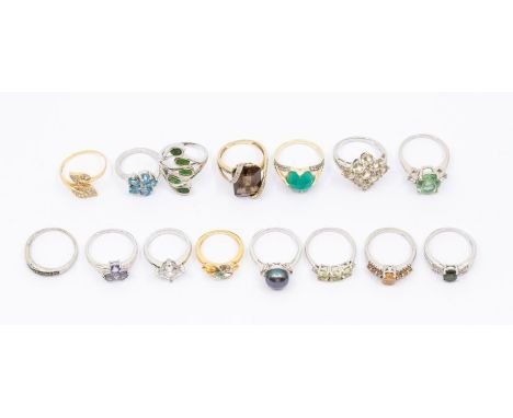 A collection of Gemporia silver and gem set rings to include a gold plated paste set leaf ring, a faceted green opal five sto