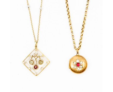 An Edwardian 15ct gold pendant square open work form set with two aquamarines and a garnet droppers set to the centre within 