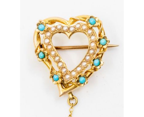 A Victorian 15ct gold seed pearl turquoise heart brooch, comprising an open heat set with small seed pearls within a boder of