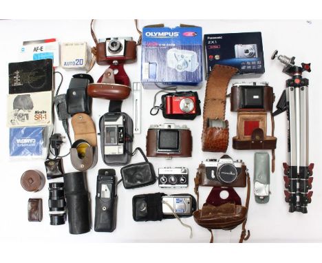 Cameras: A collection of assorted cased and boxed cameras to include: Rollei 35, Olympus, Lumix, Kodak, Minolta and others, t
