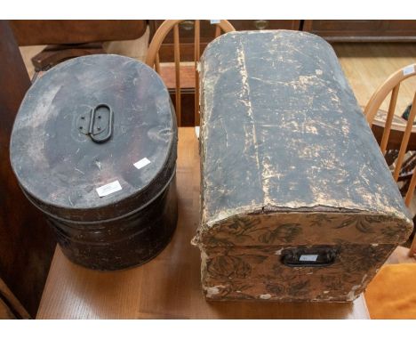 19th Century small trunk along with early 20th Century tin hat box