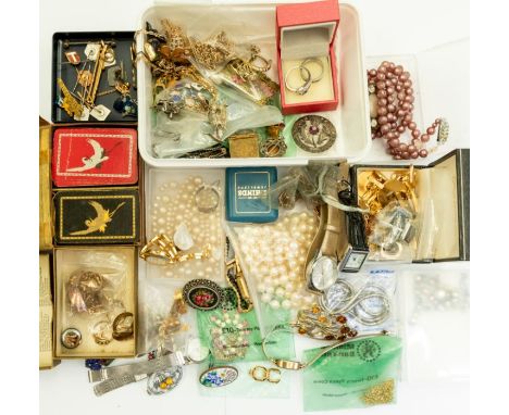 A large collection of costume jewellery and watches to include a 9ct gold charm bracelet with various 9ct and gilt metal char