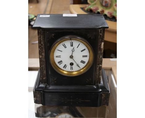 A late Victorian black slate, marble and gilt metal mantle clock, white enamel dial with Roman numerals, raised plinth base (