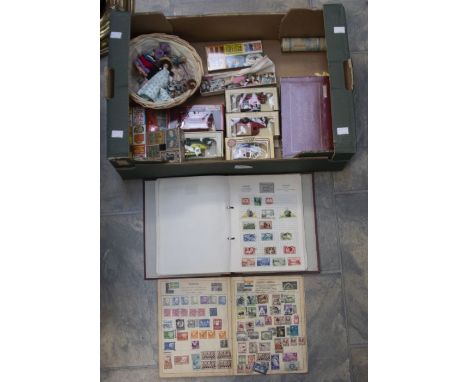 Collectables- two stamp albums, Days Gone cars, match boxes, bisque dolls etc.