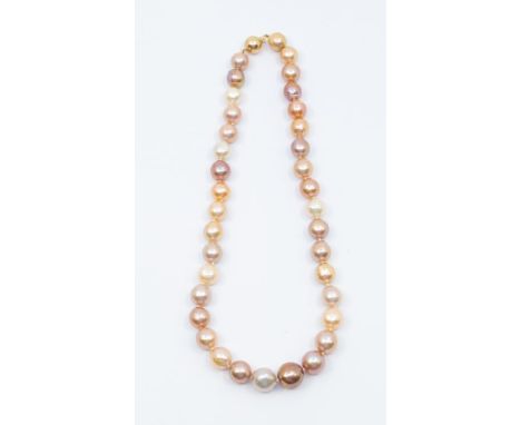 A fresh water cultured pearl  necklace, comprising alternate peach, cream, pink and purple tone pearls, each approx. 10mm,  l