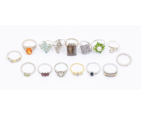 A collection of Gemporia silver and gem set rings to include a channel set rainbow sapphire ring, a star sapphire solitaire, 