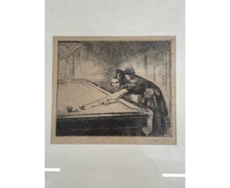 An engraving depicting Joyce Gardner (the Women's Professional Billiards Champion 1931-33, 1935-38) signed in pencil to margi