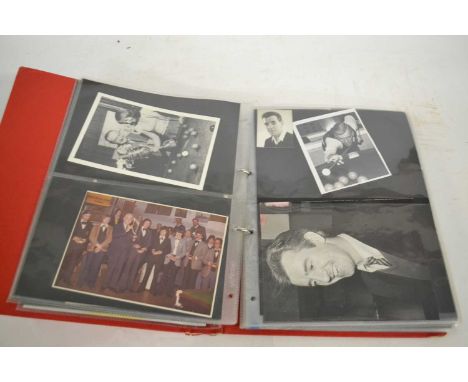 A folder of various black and white photographs including snooker players, billiard players, some celebrities including Eric 