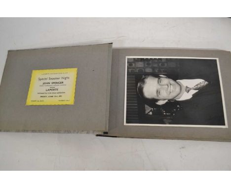Album containing a selection of b/w photographs of snooker champion John Spencer (1935-2006) in action 