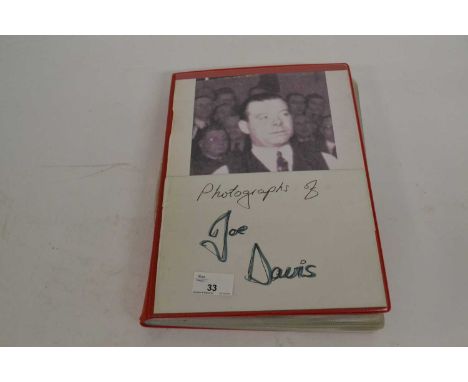 A folder containing black and white photograps of Joe Davis from the 1950's, billiard and snooker playing