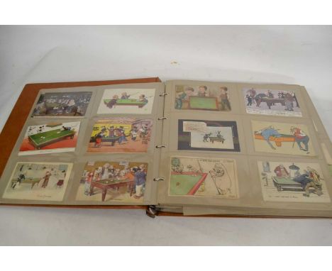 Postcard Album, containing a large and varied collection of billiard &amp; snooker interest PPC, mostly early-mid C20th col h