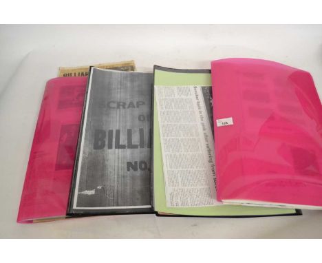 Four folders containing scrap book cuttings, newspaper cuttings, caricatures, all snooker related from the 1930's onwards inc