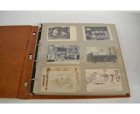 Album containing various Ephemera, including postcards featuring female billiards players in costume, various b/w presentatio