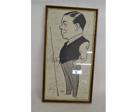 A caricature print of Joe Davis with facsimile signatures of various snooker and billiard players, printed by Michael Watters