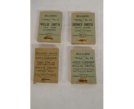 Three small billiards Flicker books numbered 17, 18 and 19,Willie Smith Cue Grip &amp; Bridge, Sidney Smith Masse Stroke &amp