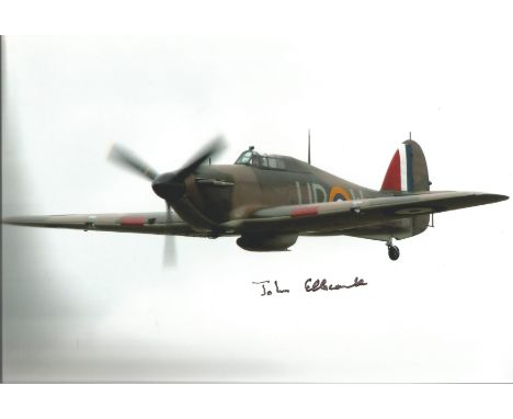WW2 Battle of Britain fighter ace John Ellacombe signed 12 x 8 inch colour photo of a Spitfire in flight. Good condition. All