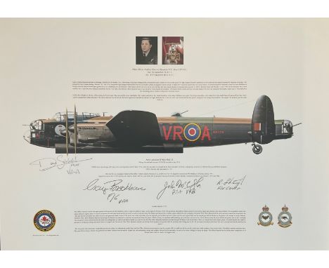 World War II 12X17 Andrew Charles Mynarski commemorative Lancaster B MLX FM213 print signed in pencil by four RAF memorial fl