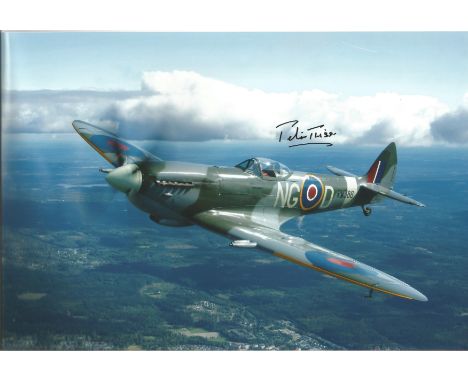 WW2 Test Pilot fighter ace Peter Twiss signed 12 x 8 inch colour photo of a Spitfire in flight. Good condition. All autograph