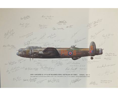 World War II 22x15 Avro Lancaster B. 1 of No 467 Squadron Royal Australian Air Force Europe 1943-45 multi signed colour print