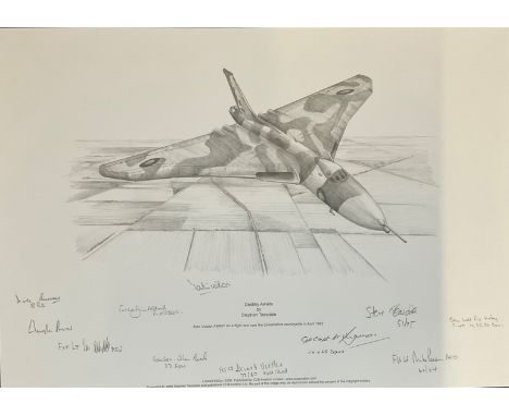 RAF print 18x13 titled Destiny Awaits signed in pencil by the artist Stephen Teasdale and 10 Vulcan Aircrew veterans three of