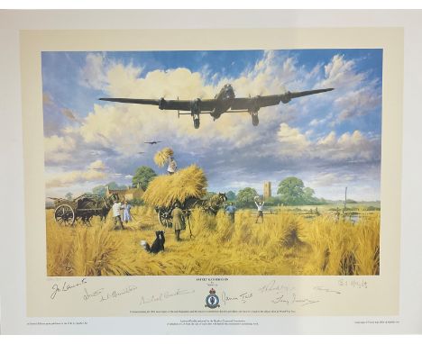 World War II 25x19 multi signed print titled Safely Gathered in by the artist Trevor Lay signed by 8 bomber command veterans 
