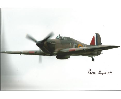 WW2 Battle of Britain fighter ace Peter Ayerst signed 12 x 8 inch colour photo of a Spitfire in flight. Good condition. All a