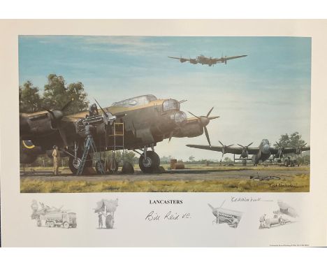 World War II 16x12 print titled Lancasters signed in pencil by the artist Keith Woodcock and Flight Lieutenant Bill Reid VC. 