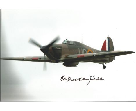 WW2 Battle of Britain fighter ace B Dukenfield signed 12 x 8 inch colour photo of a Spitfire in flight. Good condition. All a