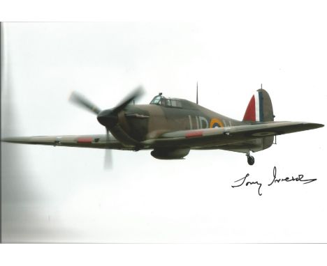 WW2 fighter ace Tony Iveson signed 12 x 8 inch colour photo of a Spitfire in flight. Good condition. All autographs come with