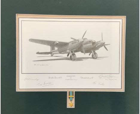 World War II 20x17 matted print titled Mosquito Publishers Proof 31/40 signed by the artist Gerald Coulson, Sq. Ldr Bob Wadsw